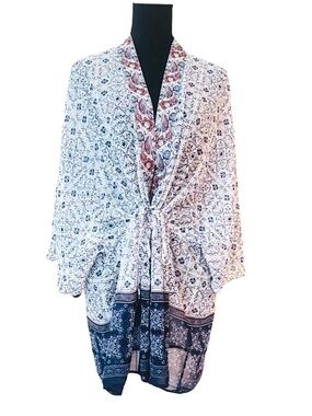 CHRISTOPHER & BANKS ~ White Kimono/Cover-Up Cardigan w/Navy & Red Paisley Print